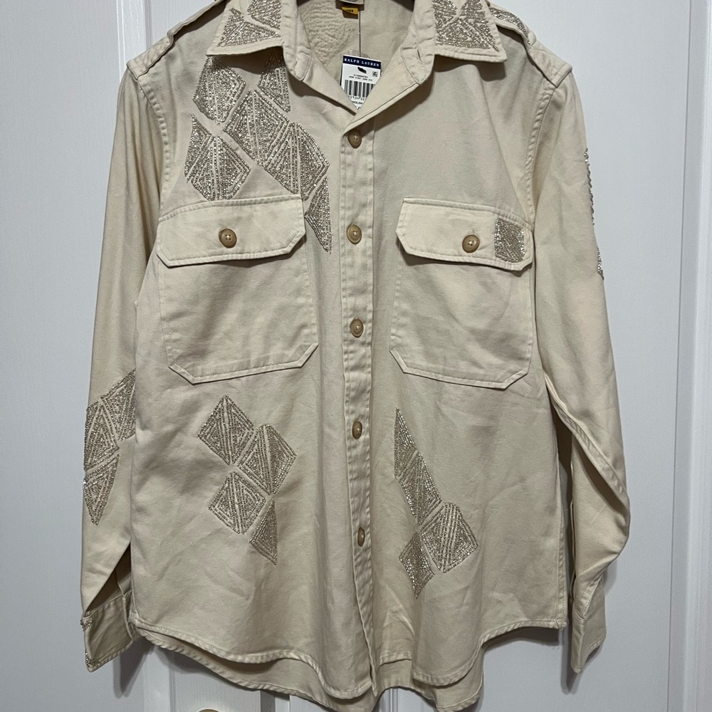 Polo Ralph Lauren Women Beaded Twil Long Sleeve Button-up Cream Shirt Size L NWT